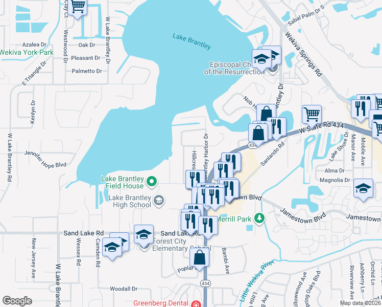 map of restaurants, bars, coffee shops, grocery stores, and more near 117 Hillcrest Drive in Longwood