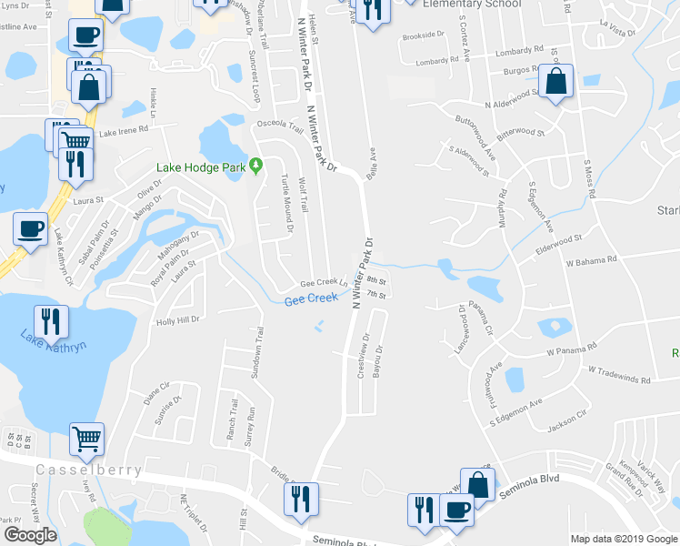map of restaurants, bars, coffee shops, grocery stores, and more near 820 Gee Creek Court in Casselberry