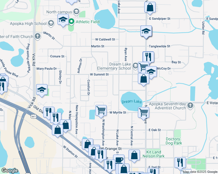 map of restaurants, bars, coffee shops, grocery stores, and more near 416 Dream Lake Drive in Apopka