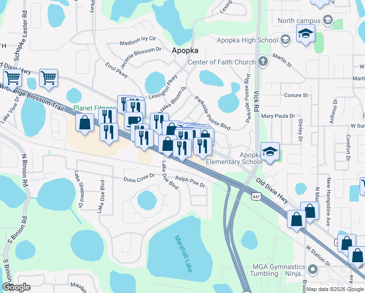 map of restaurants, bars, coffee shops, grocery stores, and more near 1124 Errol Place Circle in Apopka