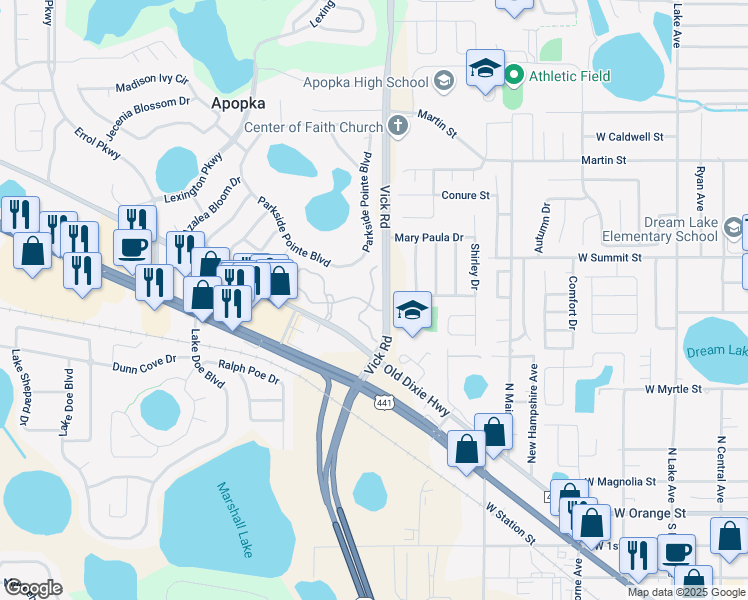 map of restaurants, bars, coffee shops, grocery stores, and more near 721 Ashworth Overlook Drive in Apopka