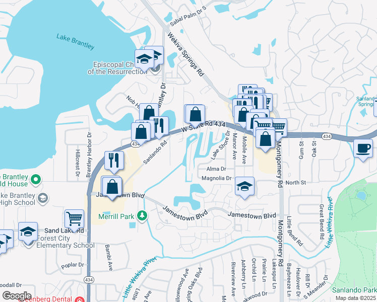 map of restaurants, bars, coffee shops, grocery stores, and more near 108 Mohawk Avenue in Altamonte Springs