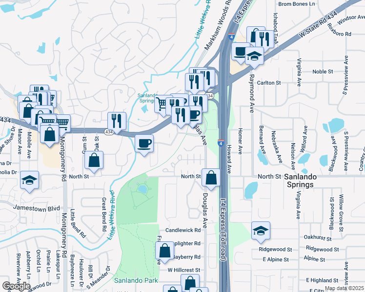 map of restaurants, bars, coffee shops, grocery stores, and more near 1171 Spring Centre South Boulevard in Altamonte Springs