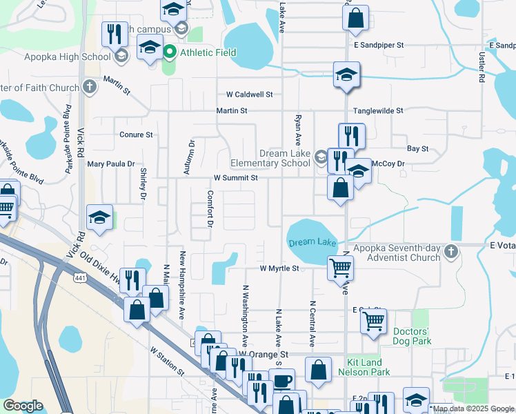 map of restaurants, bars, coffee shops, grocery stores, and more near 416 Dream Lake Drive in Apopka