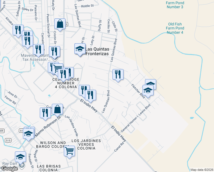 map of restaurants, bars, coffee shops, grocery stores, and more near 1868 Las Quintas Boulevard in Eagle Pass