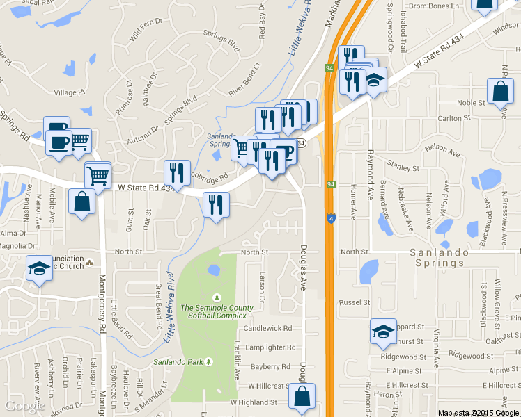 map of restaurants, bars, coffee shops, grocery stores, and more near 1171 Spring Centre South Boulevard in Altamonte Springs
