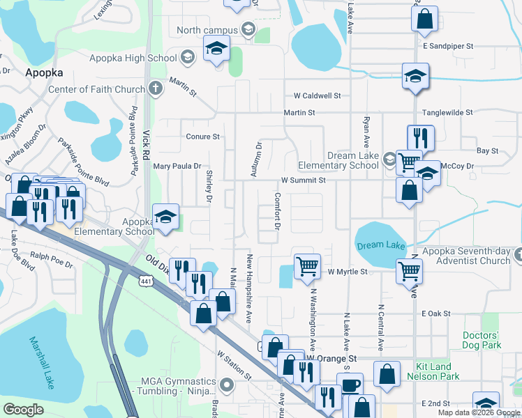 map of restaurants, bars, coffee shops, grocery stores, and more near 366 Lookout Lane in Apopka