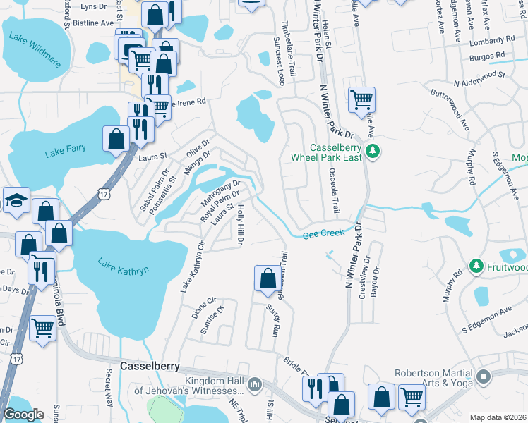 map of restaurants, bars, coffee shops, grocery stores, and more near 539 Sundown Trail in Casselberry