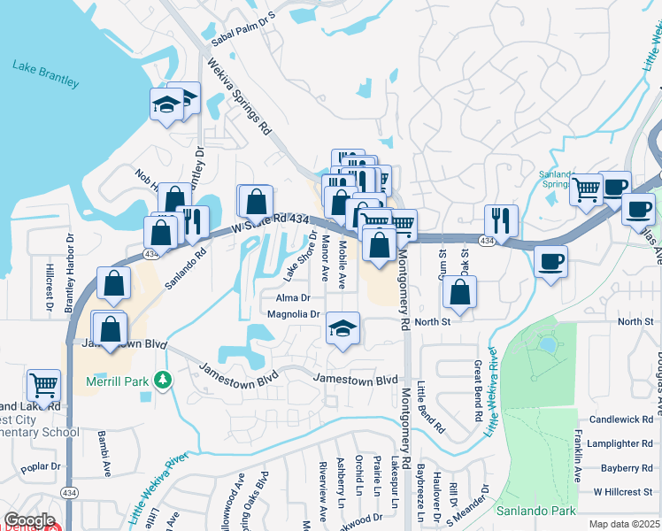 map of restaurants, bars, coffee shops, grocery stores, and more near 141 Manor Avenue in Altamonte Springs
