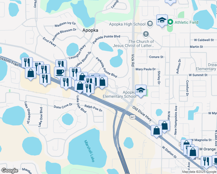 map of restaurants, bars, coffee shops, grocery stores, and more near 838 Ashworth Overlook Drive in Apopka