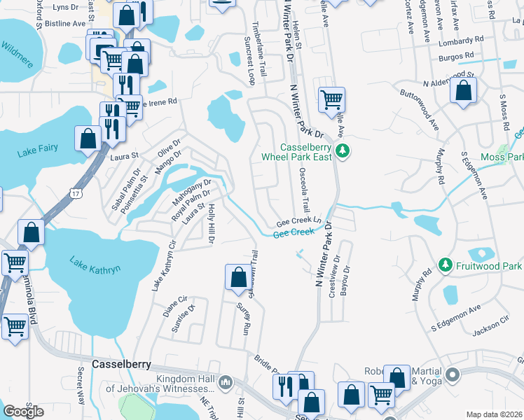 map of restaurants, bars, coffee shops, grocery stores, and more near 811 Osceola Trail in Casselberry
