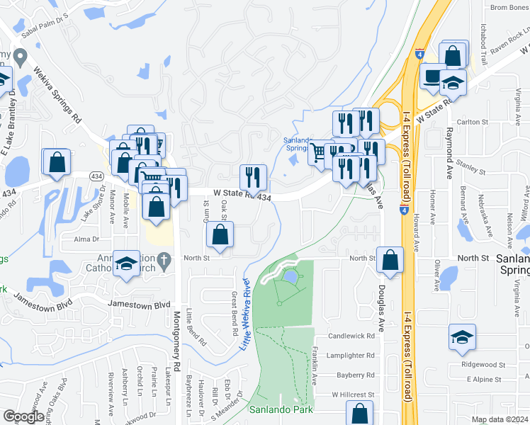 map of restaurants, bars, coffee shops, grocery stores, and more near 1105 Kensington Park Drive in Altamonte Springs