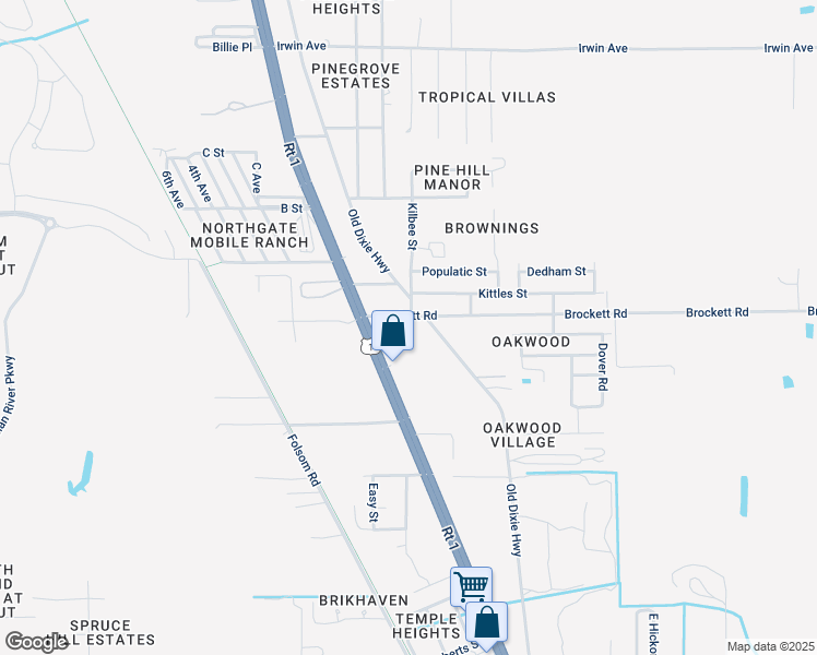 map of restaurants, bars, coffee shops, grocery stores, and more near 3515 Brockett Road in Mims