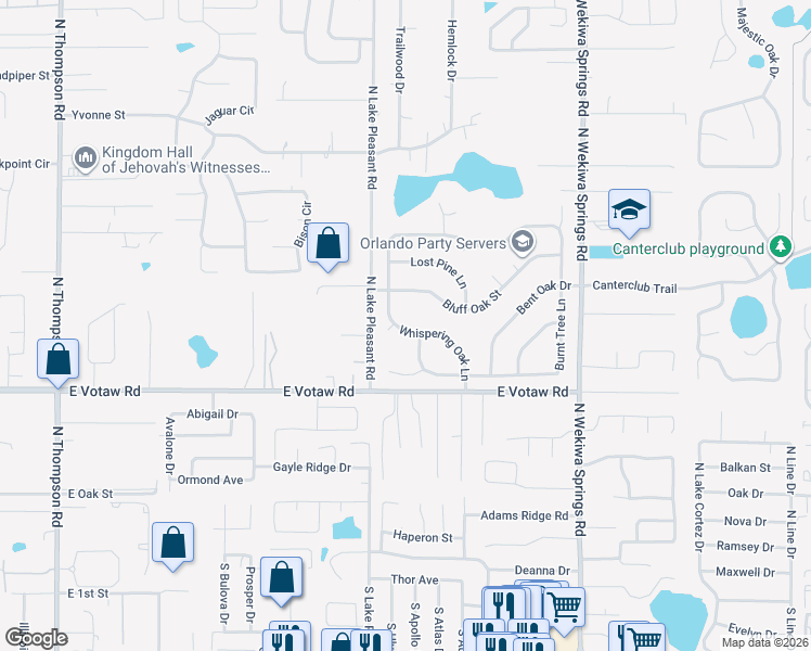 map of restaurants, bars, coffee shops, grocery stores, and more near 460 Whispering Oak Lane in Apopka