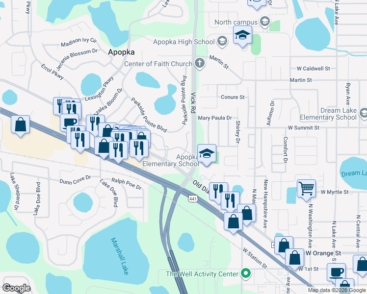 map of restaurants, bars, coffee shops, grocery stores, and more near 721 Ashworth Overlook Drive in Apopka
