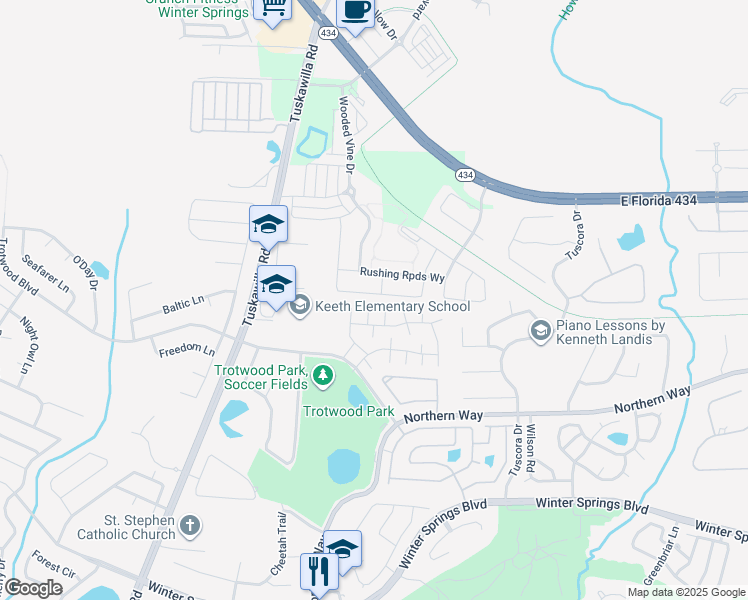 map of restaurants, bars, coffee shops, grocery stores, and more near 432 Dancing Water Drive in Winter Springs