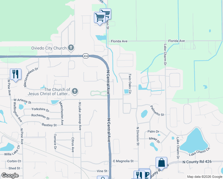 map of restaurants, bars, coffee shops, grocery stores, and more near 1093 Laurel Oaks Court in Oviedo