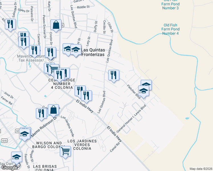 map of restaurants, bars, coffee shops, grocery stores, and more near 1868 Las Quintas Boulevard in Eagle Pass