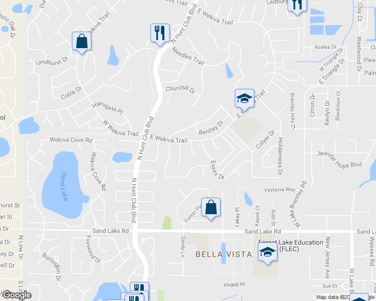 map of restaurants, bars, coffee shops, grocery stores, and more near 105 Suffolk Court in Longwood