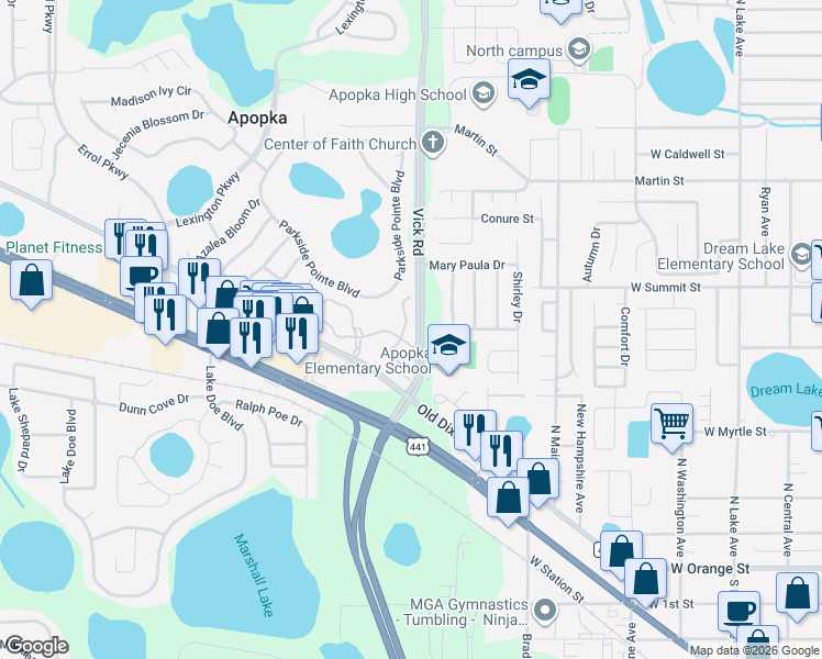 map of restaurants, bars, coffee shops, grocery stores, and more near 509 Climbing Ivy Court in Apopka
