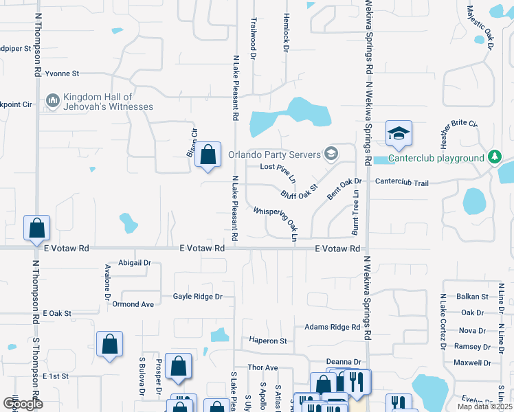 map of restaurants, bars, coffee shops, grocery stores, and more near 460 Whispering Oak Lane in Apopka