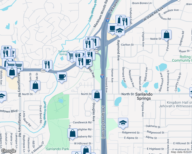 map of restaurants, bars, coffee shops, grocery stores, and more near 1097 Douglas Avenue in Altamonte Springs