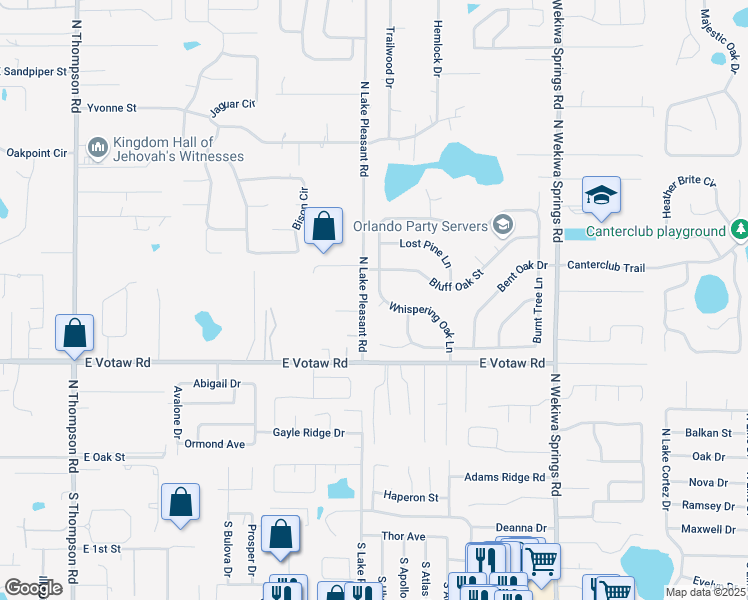 map of restaurants, bars, coffee shops, grocery stores, and more near 460 Whispering Oak Lane in Apopka