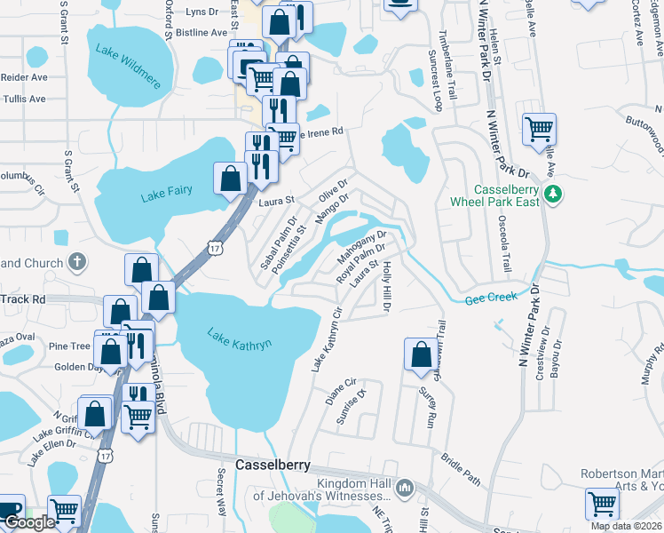 map of restaurants, bars, coffee shops, grocery stores, and more near 722-804 Mahogany Drive in Casselberry