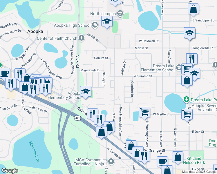 map of restaurants, bars, coffee shops, grocery stores, and more near 449 Shirley Drive in Apopka