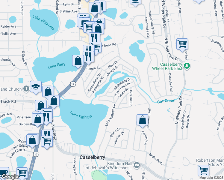 map of restaurants, bars, coffee shops, grocery stores, and more near 722-804 Mahogany Drive in Casselberry