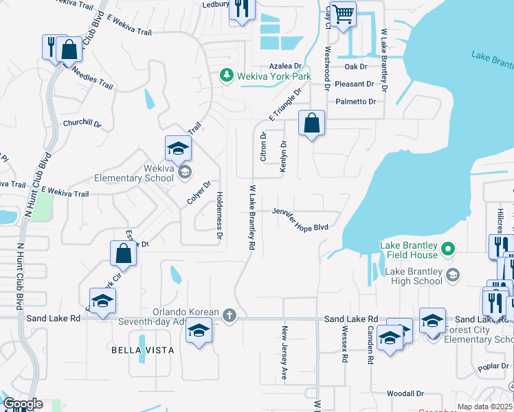 map of restaurants, bars, coffee shops, grocery stores, and more near 1500 Suzanne Way in Longwood