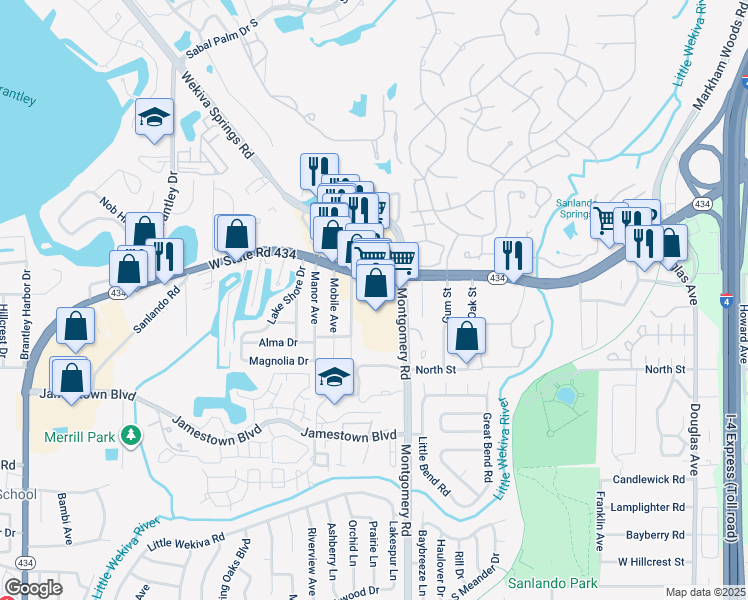 map of restaurants, bars, coffee shops, grocery stores, and more near 1074 Montgomery Road in Altamonte Springs