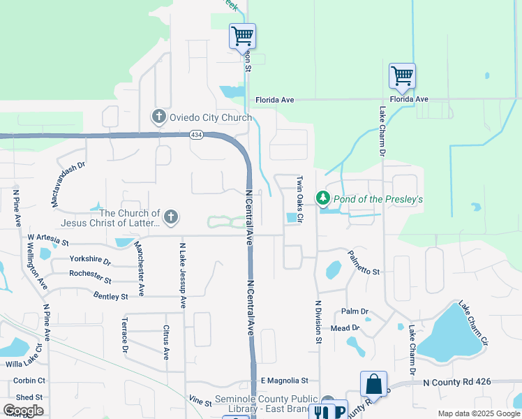 map of restaurants, bars, coffee shops, grocery stores, and more near 1093 Laurel Oaks Court in Oviedo