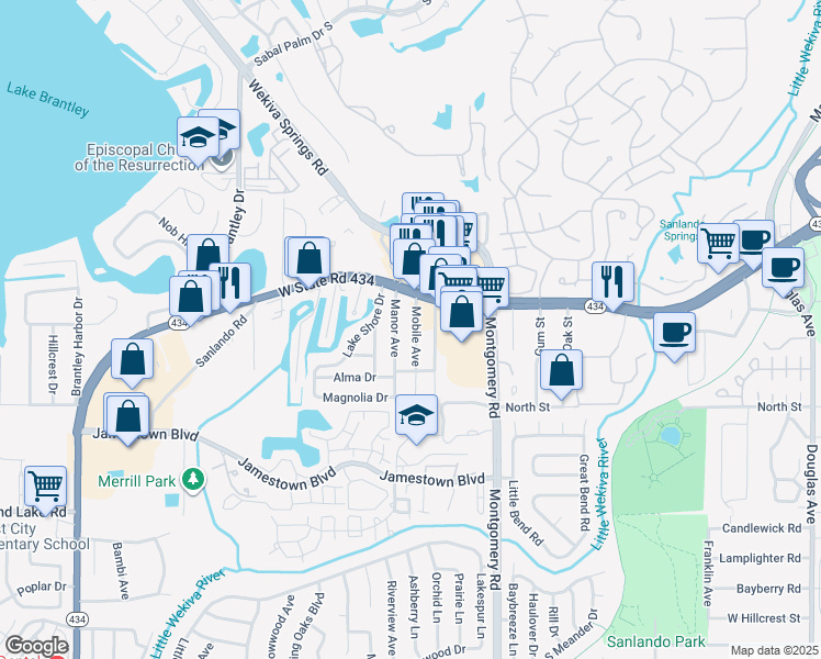 map of restaurants, bars, coffee shops, grocery stores, and more near 141 Manor Avenue in Altamonte Springs