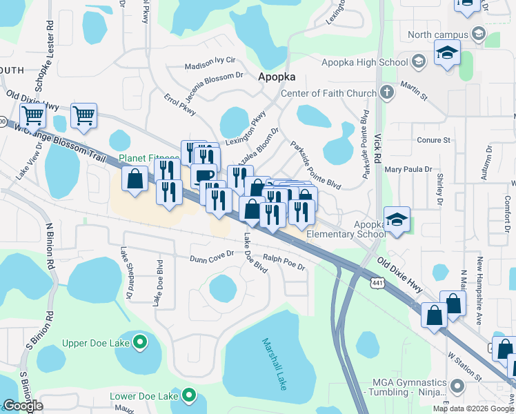 map of restaurants, bars, coffee shops, grocery stores, and more near 1425 West Orange Blossom Trail in Apopka