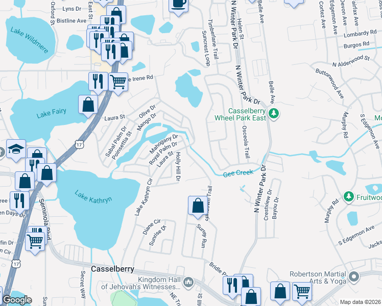map of restaurants, bars, coffee shops, grocery stores, and more near 539 Sundown Trail in Casselberry