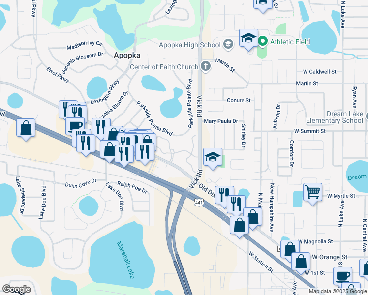 map of restaurants, bars, coffee shops, grocery stores, and more near 757 Ashworth Overlook Drive in Apopka