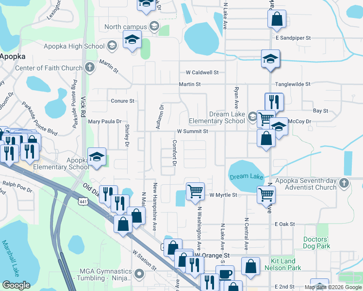 map of restaurants, bars, coffee shops, grocery stores, and more near 419 Comfort Drive in Apopka