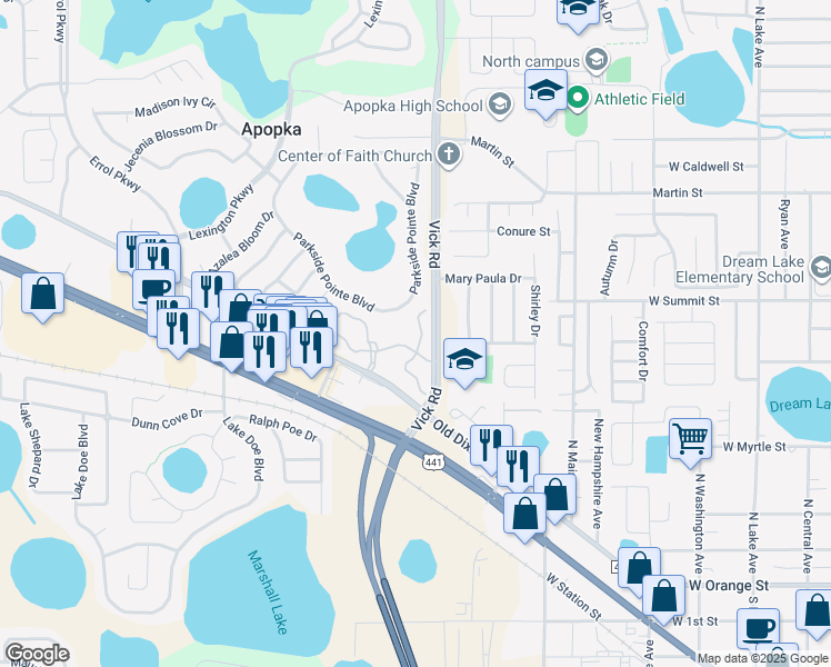 map of restaurants, bars, coffee shops, grocery stores, and more near 721 Ashworth Overlook Drive in Apopka