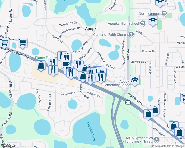 map of restaurants, bars, coffee shops, grocery stores, and more near 1124 Errol Place Circle in Apopka