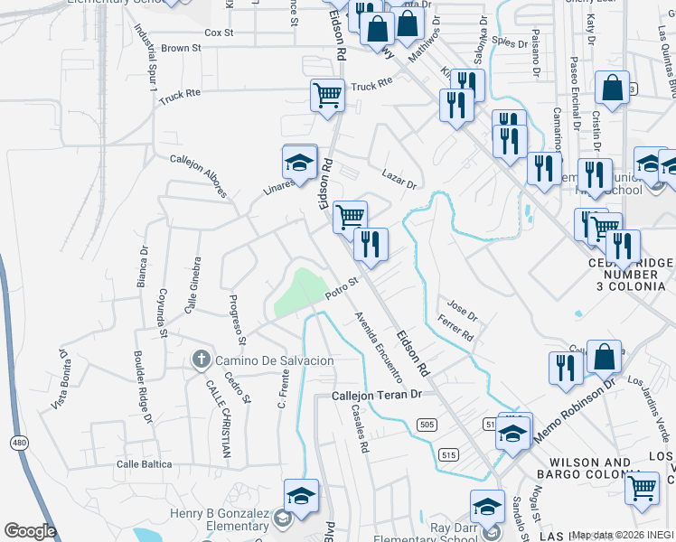 map of restaurants, bars, coffee shops, grocery stores, and more near 1582 Encuentro Street in Eagle Pass