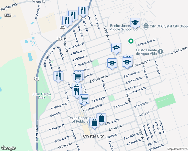 map of restaurants, bars, coffee shops, grocery stores, and more near 411 East Crockett Street in Crystal City