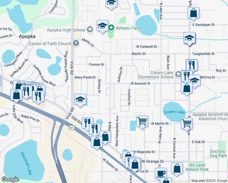 map of restaurants, bars, coffee shops, grocery stores, and more near 450 Spreading Oak Circle in Apopka