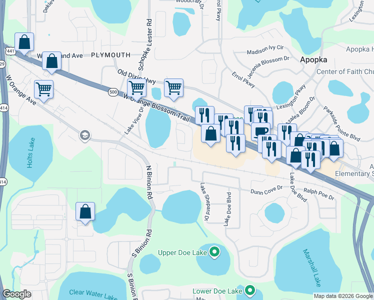 map of restaurants, bars, coffee shops, grocery stores, and more near 447 Drage Drive in Apopka