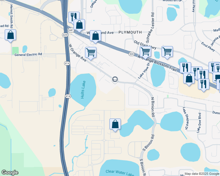 map of restaurants, bars, coffee shops, grocery stores, and more near 580 Live Pine Circle in Apopka