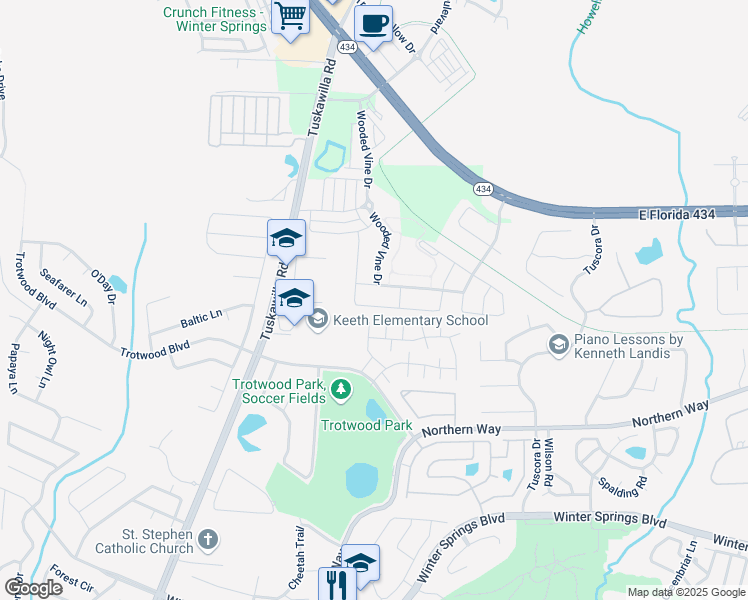 map of restaurants, bars, coffee shops, grocery stores, and more near 601 Casa Park Court H in Winter Springs