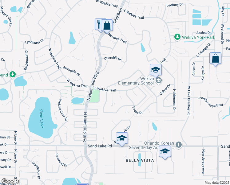 map of restaurants, bars, coffee shops, grocery stores, and more near 105 Suffolk Court in Longwood