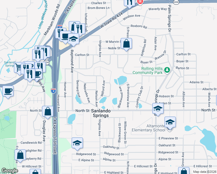 map of restaurants, bars, coffee shops, grocery stores, and more near 454 Victor Avenue in Longwood