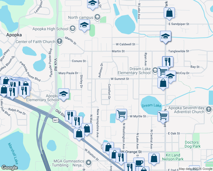 map of restaurants, bars, coffee shops, grocery stores, and more near 366 Lookout Lane in Apopka