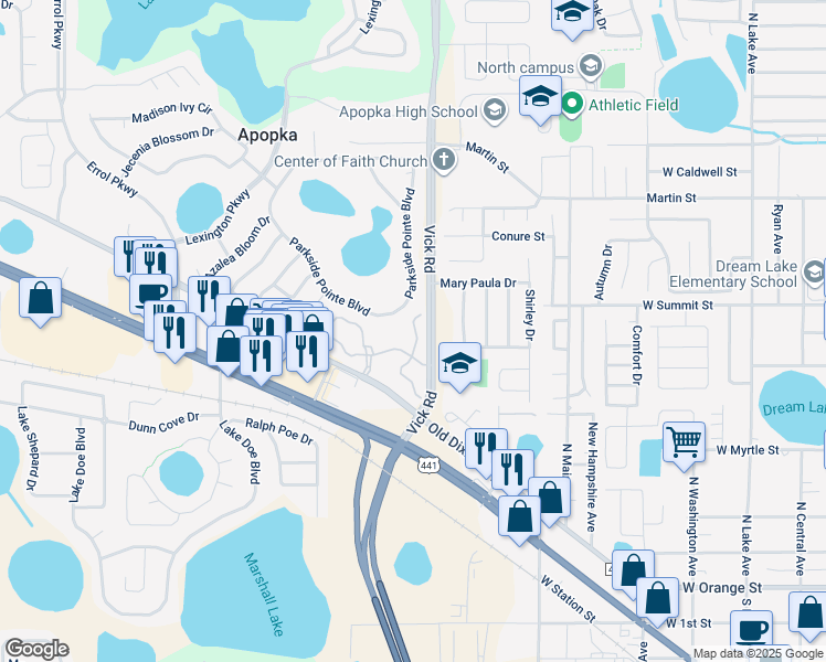 map of restaurants, bars, coffee shops, grocery stores, and more near 721 Ashworth Overlook Drive in Apopka